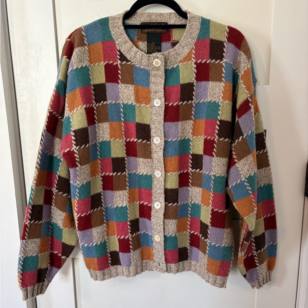 Vintage 90s Eddie Bauer Sweater Women Large Wool Colorful Patchwork Cardigan